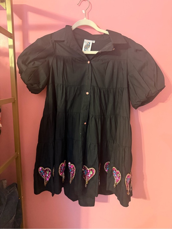 QUEEN OF SPARKLES Dresses & Skirts - QOS Black Tiered Button-Up Dress with Sequin Heart Embroidery